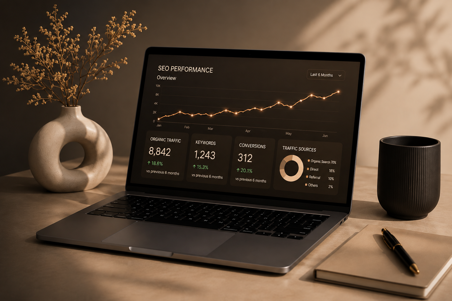 SEO performance dashboard shown on a laptop at a desk